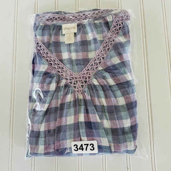 Chico's Linen Blue and Purple Checkered Blouse - Picture 11 of 11